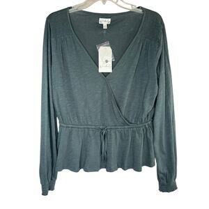 Wonderly Women's Tie Waist Solid Peplum Top, Emerald Ash, size M NWT